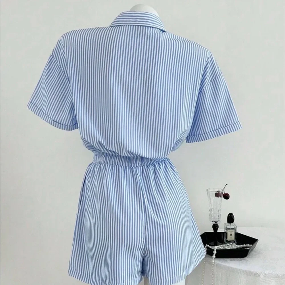 Striped Blue & White Short Sleeve Romper - Picture 2 of 5